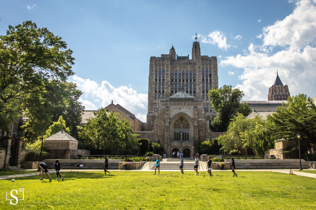 Lawn with students enjoying the sun at Yale University